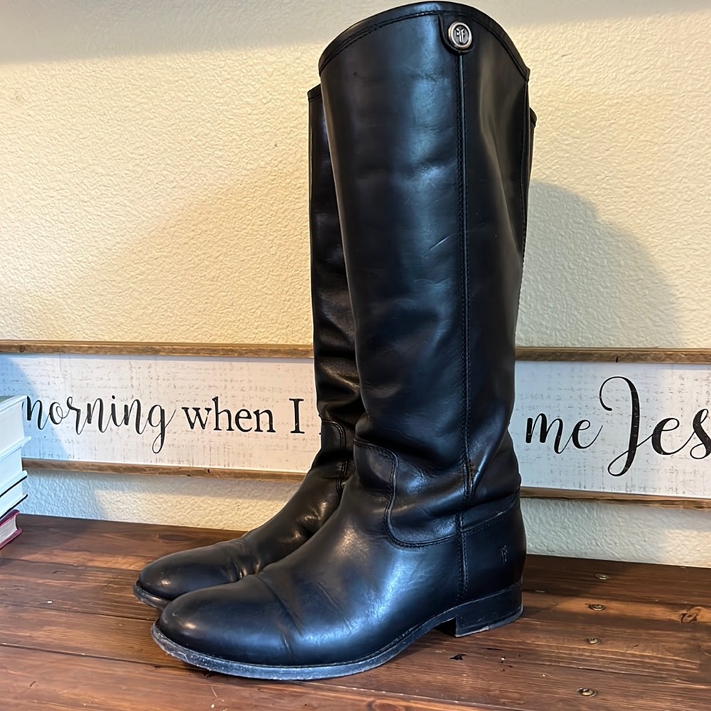 Size 8, Black leather, Melissa style Frye boots.